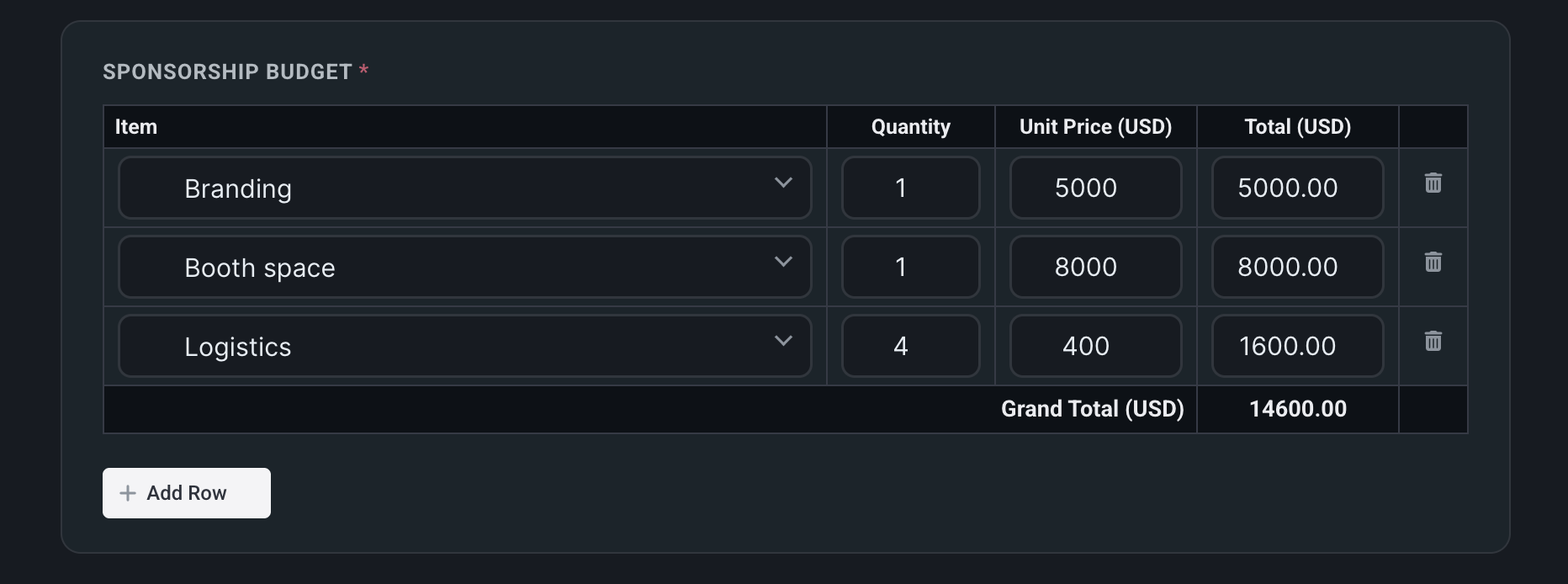 Capture d'écran du tableau de calcul des coûts dans REVO Approval Workflows