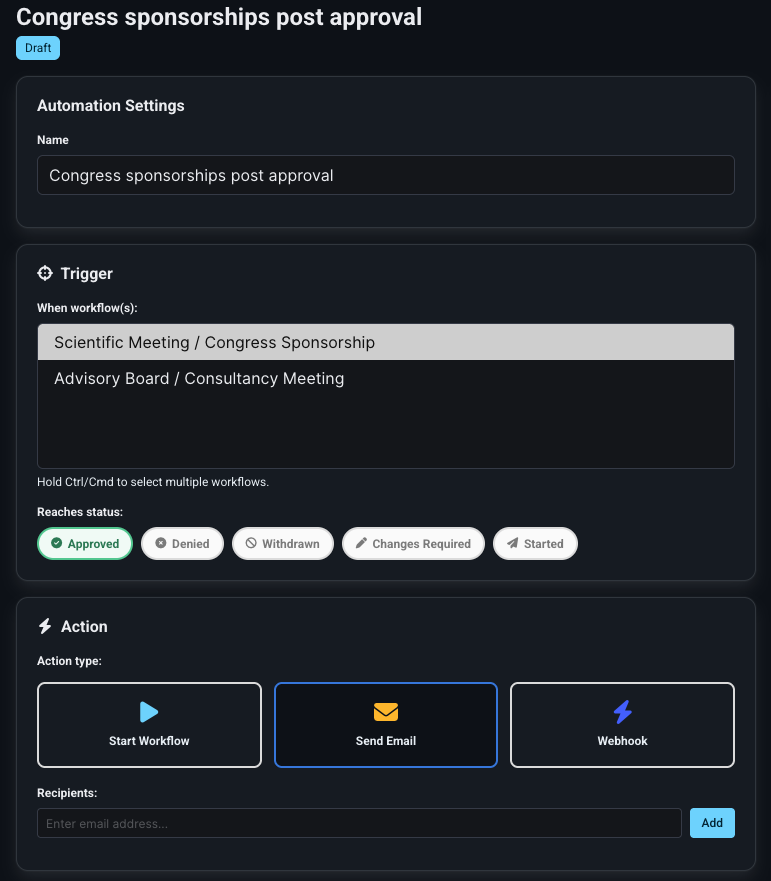 Post-decision automation screenshot in REVO Approval Workflows