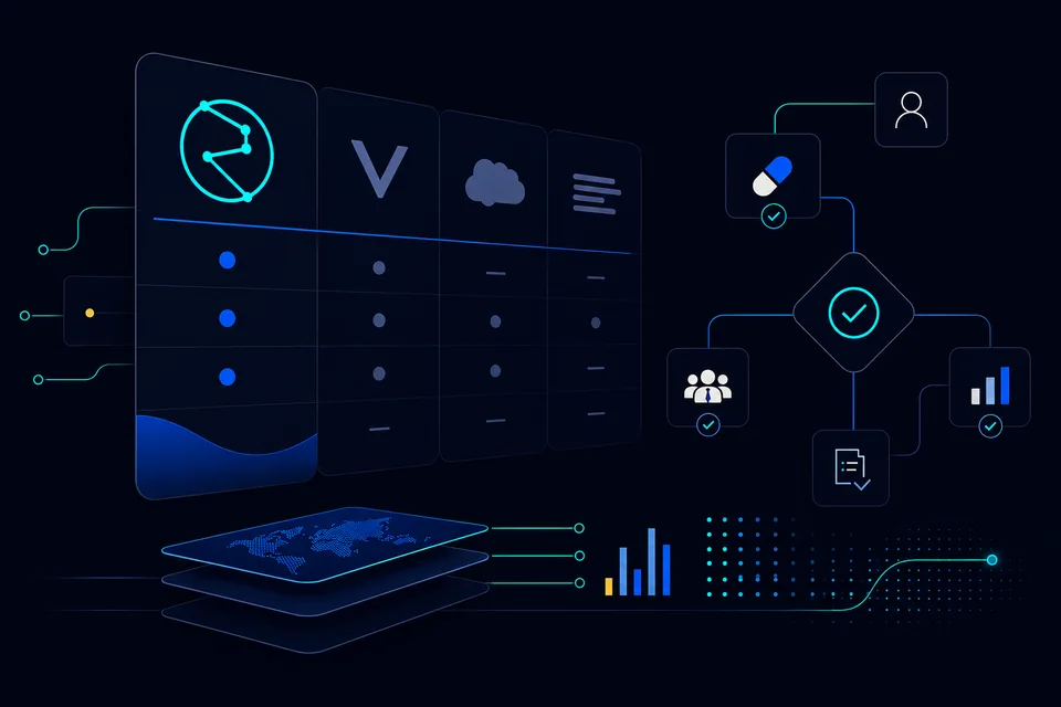 Guide visual for comparing REVO, Veeva Vault, Salesforce Life Sciences Cloud, and IQVIA OCE