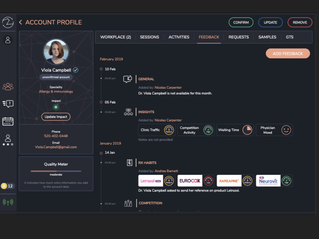 REVO feedback workflow capturing Rx habits and field insights.